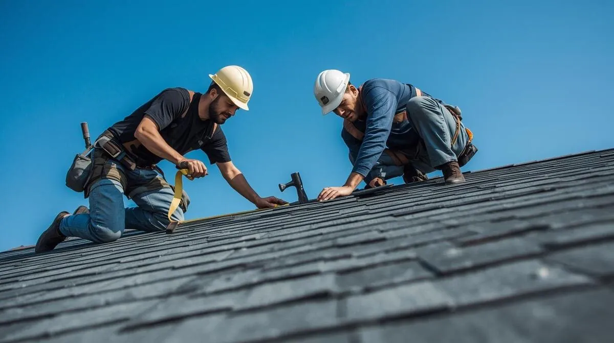 Two roofing professionals installing shingles on a roof